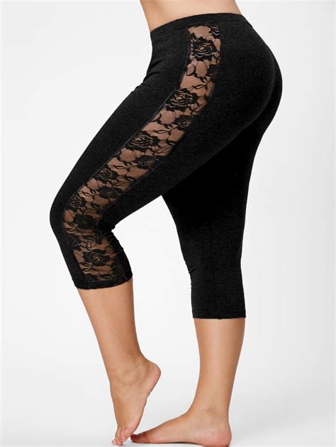 Black Xl Mesh Panel Lace Plus Size Cropped Leggings RoseGal Com
