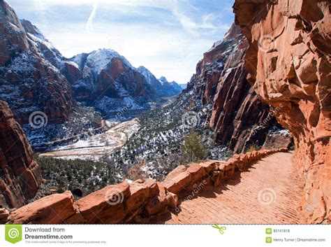 Angels Landing Hiking Trail In The Winter High Above The Virgin River