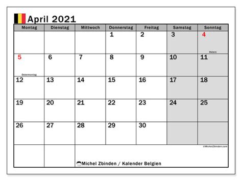 Gesetzliche feiertage 2021 und 2022. Kalender April 2021, Belgien - Michel Zbinden DE