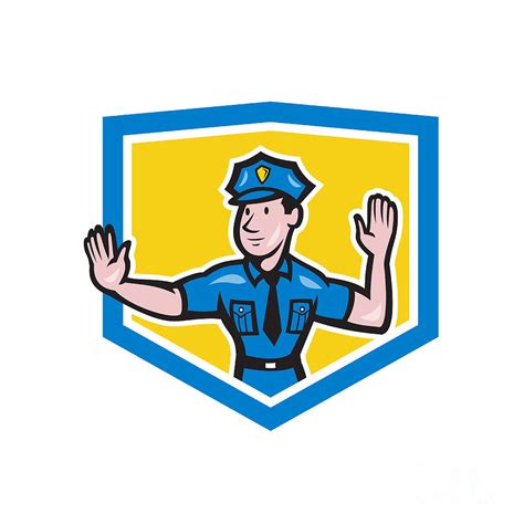 Traffic Policeman Stop Hand Signal Shield Cartoon Digital Art By