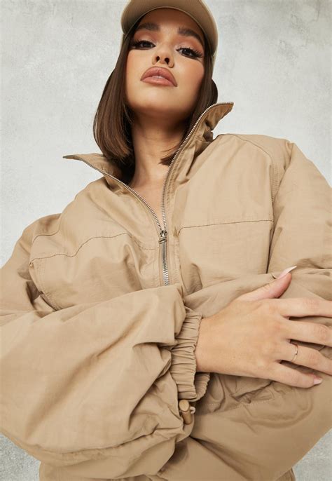 Sand Co Ord Ruched Sleeve Bomber Jacket Missguided