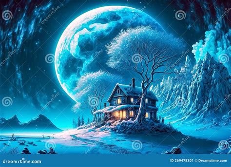 Fabulous Mystic Winter Landscape Night Scene With A Moon And Cute