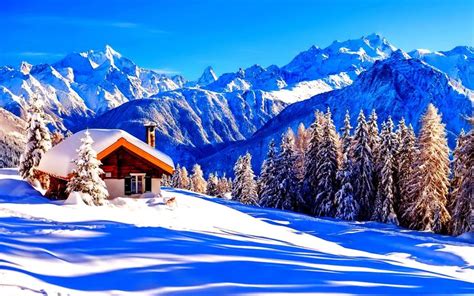 4k Alpen Winter Berge Hütte Schneewehe Europa Landschafts
