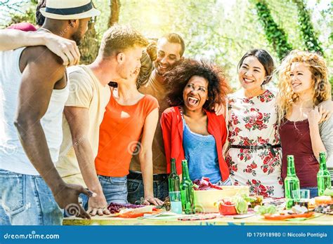 Group Of Happy Friends Having Fun At Barbecue Party Outdoor In House Backyard Young Diverse