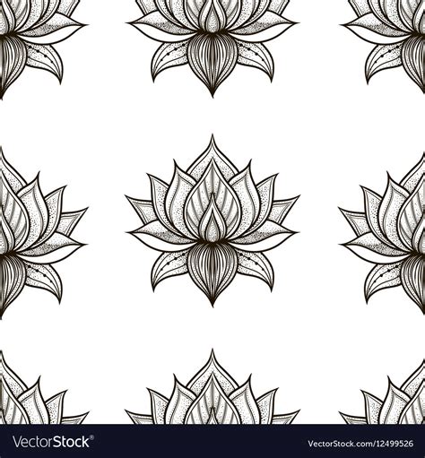 Seamless Pattern With Lotus Flowers Hand Drawn Vector Image