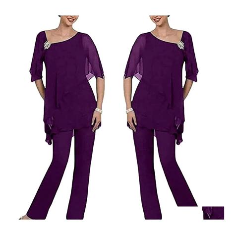purple two piece mother of the mother of bride pantsuits with layered chiffon long sleeves and