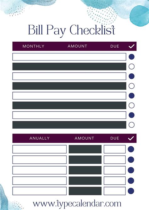 Free Printable Bill Pay Checklist Template Monthly Word Excel