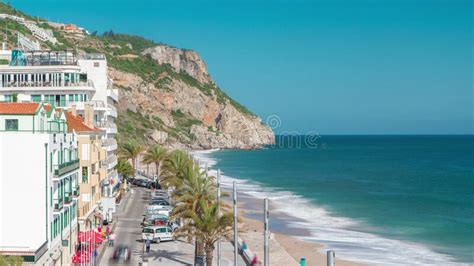 Aerial View On The Coastal Town Of Sesimbra In Portugal Timelapse Stock
