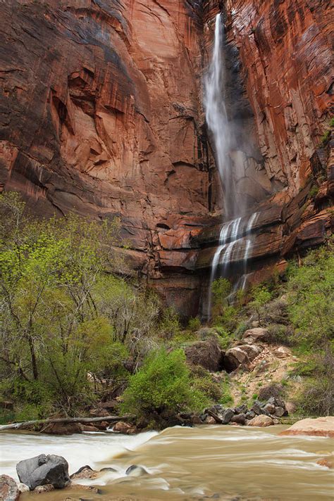 Waterfall In Zion National Park By Laszlo Podor