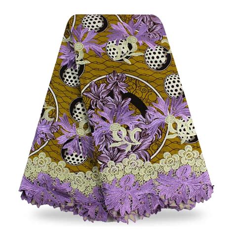 Purple Ankara African Wax Print Floral Embroidered Fabric Beaded Fabric