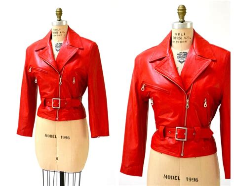80s Bright Red Leather Jacket Crop Coat Belt Asymmetrical Zipper