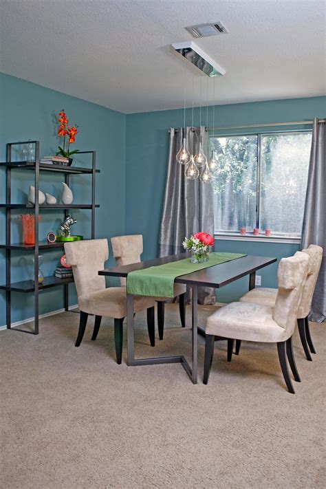 Blue Mid Century Modern Dining Room With Neutral Velvet Chairs Hgtv