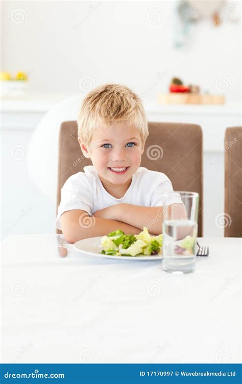 Cute Little Boy Ready To Eat His Salad Stock Image Image Of Home