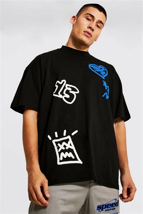 oversized graffiti extended neck t shirt boohoo