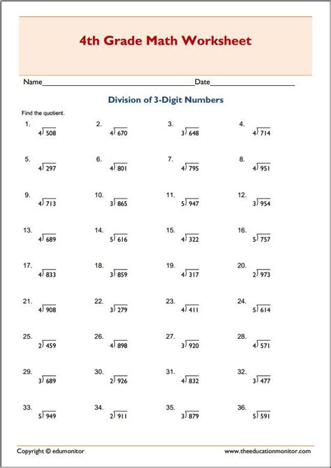 Division With Three Digit Numbers Printables Math Division Worksheets