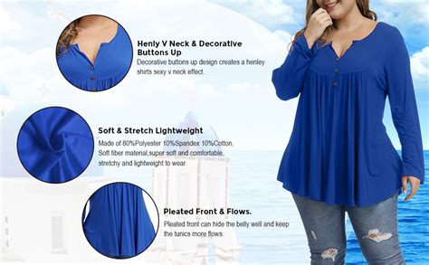Allegrace Womens Plus Size Tunics Button Up Henley V Neck Tops Pleated