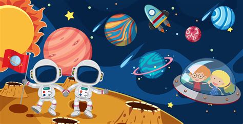 Astronauts And Kids In Ufo Vector Space Theme