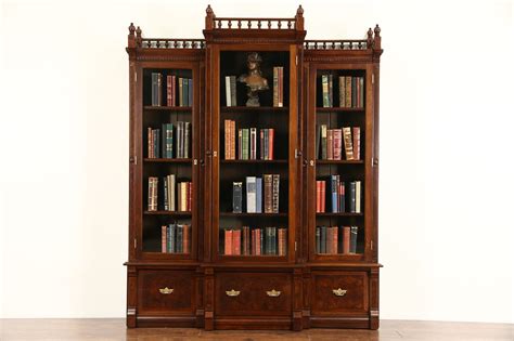 Victorian Eastlake 1880s Antique Walnut Triple Library Bookcase