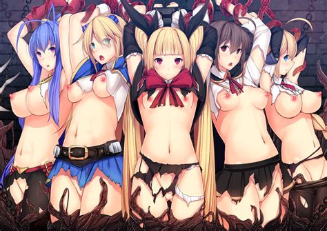 rule 34 5girls arms above head arms up blazblue blonde hair blue eyes blue hair blush bondage