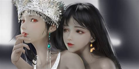 2girls Black Hair Close Crown Long Hair Necklace Original Realistic Red Eyes Shoujo Ai Ydiya