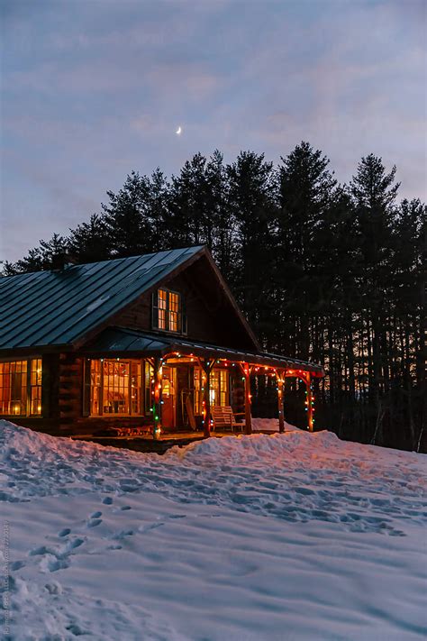 Log Cabin Hygge In Vermont With Cold Winter Travel Christmas Lights