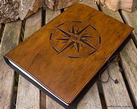 A4 Large Brown Leather Journal Compass Rose Design Hand Bound