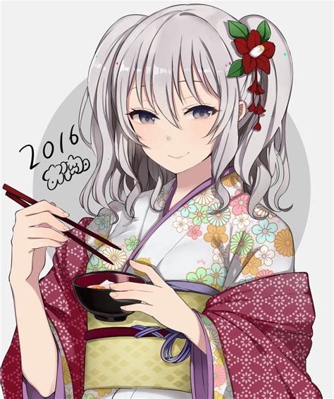 Safebooru 1girl 2016 Absurdres Akeome Chopsticks Floral Print Flower Hair Flower Hair Ornament