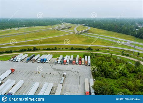 Aerial View Of Parking Lot With Trucks On Transportation Of Truck Rest