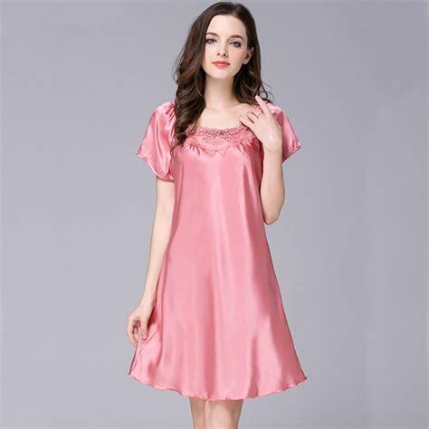 Ng0293 Women Nightgown Sleepshirt Summer Short Sleeve Nightdress Satin