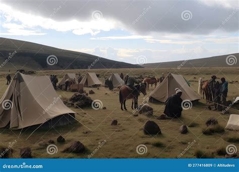 Nomadic Tribe Setting Up Camp With Tents And Belongings Stock Image