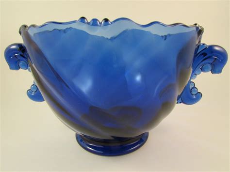 Vintage Imperial Glass Cobalt Blue Art Glass Bowl With Decorative Handles Made In The Usa