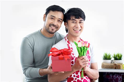 Happy Smiling Lgbt Couple Share Special Moment Together On Valentine Day At Kitchen Asian Gay