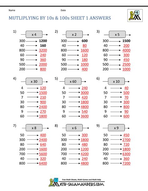 Multiplying By Multiples Of 10 And 100 Sheet 1 Answers Math