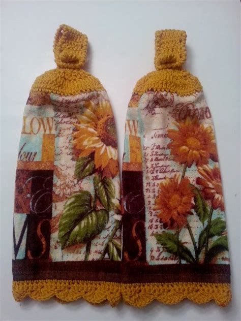 Each towel has a different sunflower design. Sunflower Hanging Towels, Kitchen Towels, Harvest Gold ...