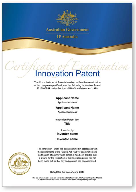 Patent Certificate Ip Australia Commemorative Certificate
