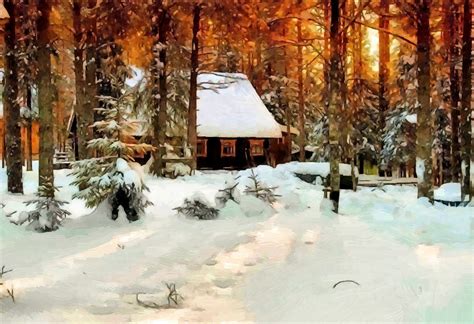 Winter Snow Forest Trees House Painting Oil On Canvas Wallpaper