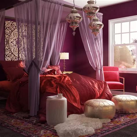 A Bedroom Decorated In Purple And Red With Pink Curtains On The Window