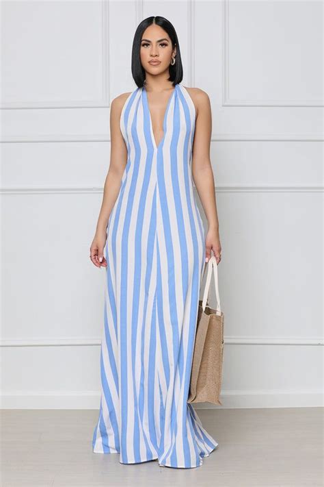 Striped Backless Halter Maxi Dress Blue And White Lillys Kloset In