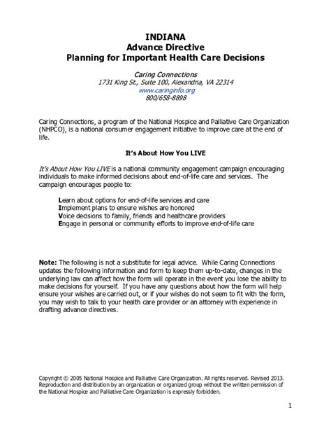 Indiana Advance Directive Planning For Important Health Care Decisions