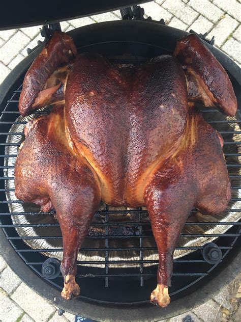16 Pound Spatchcock Turkey With Bourbon Glaze Smoked With Cherry Wood On Big Green Egg At 300