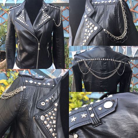 Customised Faux Leather Biker Jacket Studs Chains Skulls Reworked Vegan