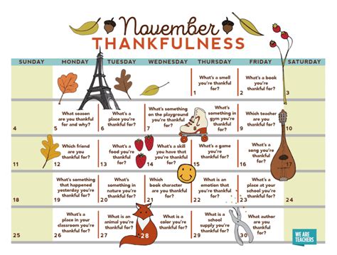 Free Nov 2018 Thanksgiving Thankfulness Calendar For Teachers