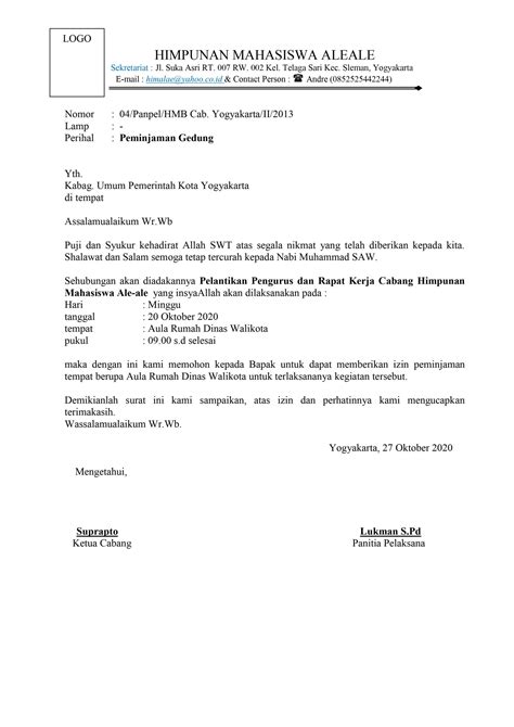 Surat dinas sendiri merupakan surat resmi yang memiliki banyak fungsi, diantaranya adalah sebagai sarana pemberitahuan, bisa juga karena panduan kerja, permintaan, buah pikiran, atau gagasan, fungsi lainnya adalah sebagai dokumen bukti tertulis, sebagai bukti sejarah perkembangan instansi. Contoh Surat Peminjaman Tempat Format Word (Doc) - Kita Punya