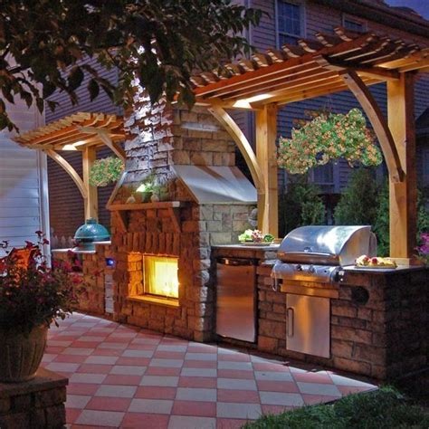 Custom Outdoor Kitchen With Pergola Fireplace Gas Grill Fridge