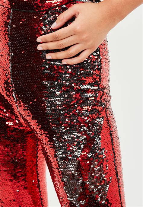 Missguided Synthetic Tall Red Sequin Flared Trousers Lyst