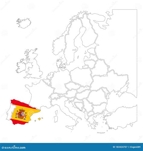 Silueta España Detallada Con Bandera Nacional En Contour Europe Map on White Stock de