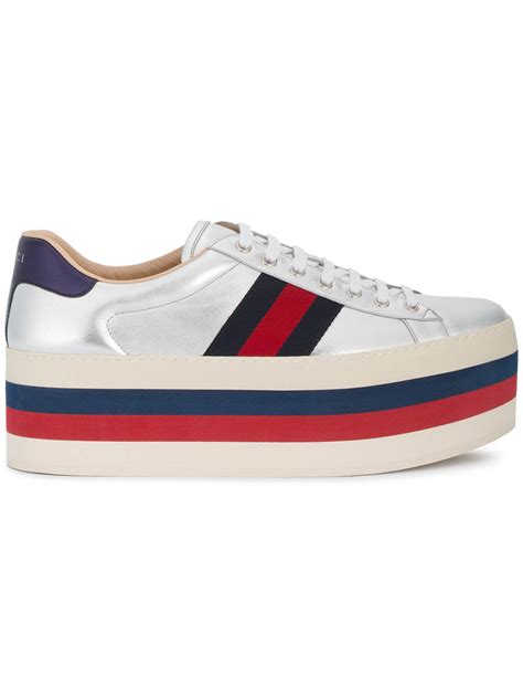 Gucci 80mm New Ace Leather Platform Sneakers In Metallic Modesens