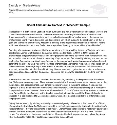 ⇉social And Cultural Context In “macbeth” Sample Essay Example