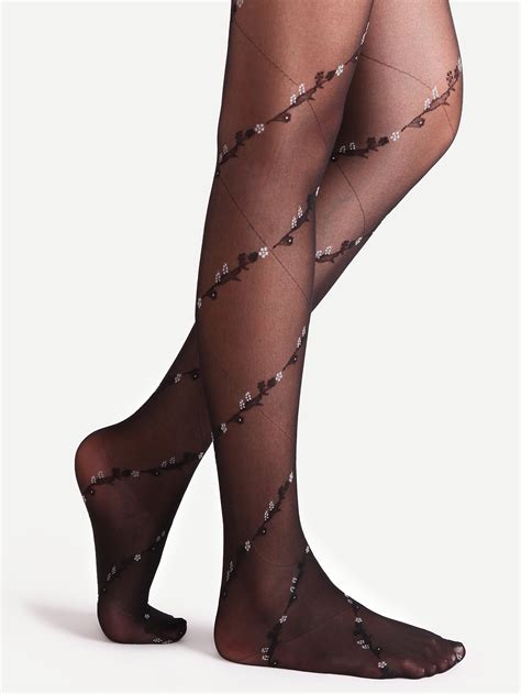 Black Floral Jacquard Spiral Design Sheer Pantyhose Stockings Shein