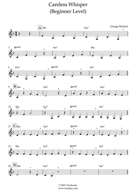 Careless Whisper Beginner Level George Michael Clarinet Sheet Music
